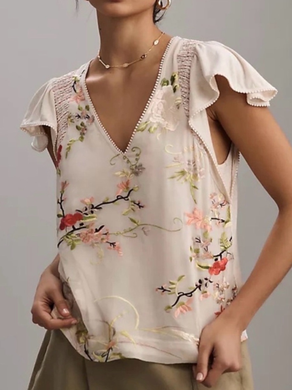 SOLD Anthropologie Tiny Embroidered Botanical Flutter Sleeve Top Medium  Cottage